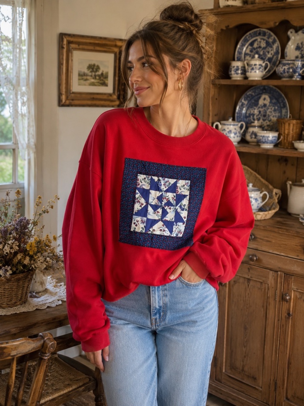 Quilt Crewneck Sweater - Vintage Patchwork Sweatshirt - Purple Red